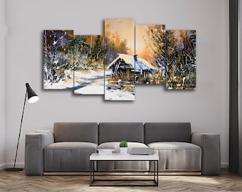 Rural Winter Landscape 5 Piece Canvas Wall Art, Large Framed 5 Panel Canvas Wall Art, Extra Large Framed 5 Piece Canvas Wall Art, Modern Art