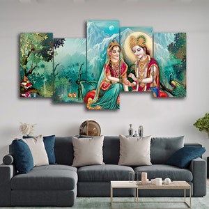 Hindu Lord Radha Kishana 5 Pieces Canvas Wall Art, Large Framed 5 Panel Canvas Wall Art, Extra Large Framed Canvas Wall Art, Modern Abstract