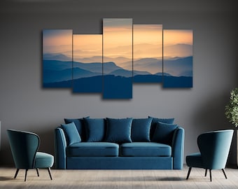 Sunset Over the Mountains 5 Piece Canvas Wall Art, Large Framed 5 Panel Canvas Wall Art, Extra Large Framed Canvas Wall Art, Modern Abstract