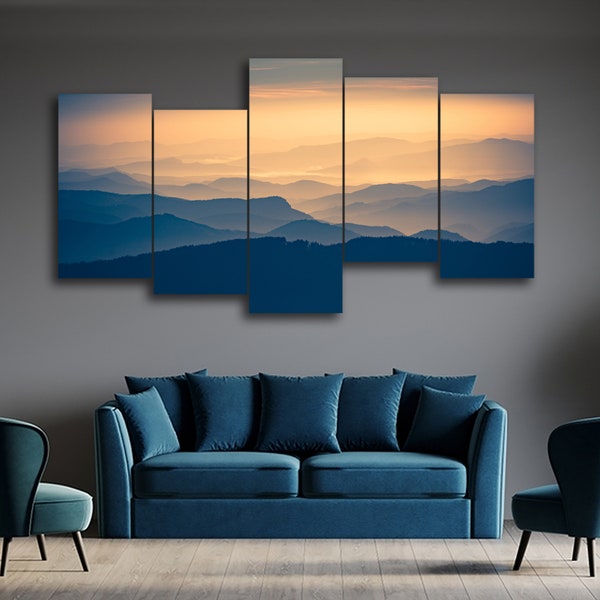 Sunset Over the Mountains 5 Piece Canvas Wall Art, Large Framed 5 Panel Canvas Wall Art, Extra Large Framed Canvas Wall Art, Modern Abstract