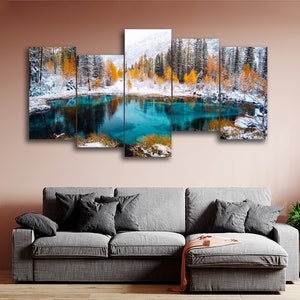 Blue Geyser Lake in the Autumn Forest 5 Pieces Canvas Wall Art, Large Framed 5 Panel Canvas Wall Art, Extra Large Framed Canvas Wall Art