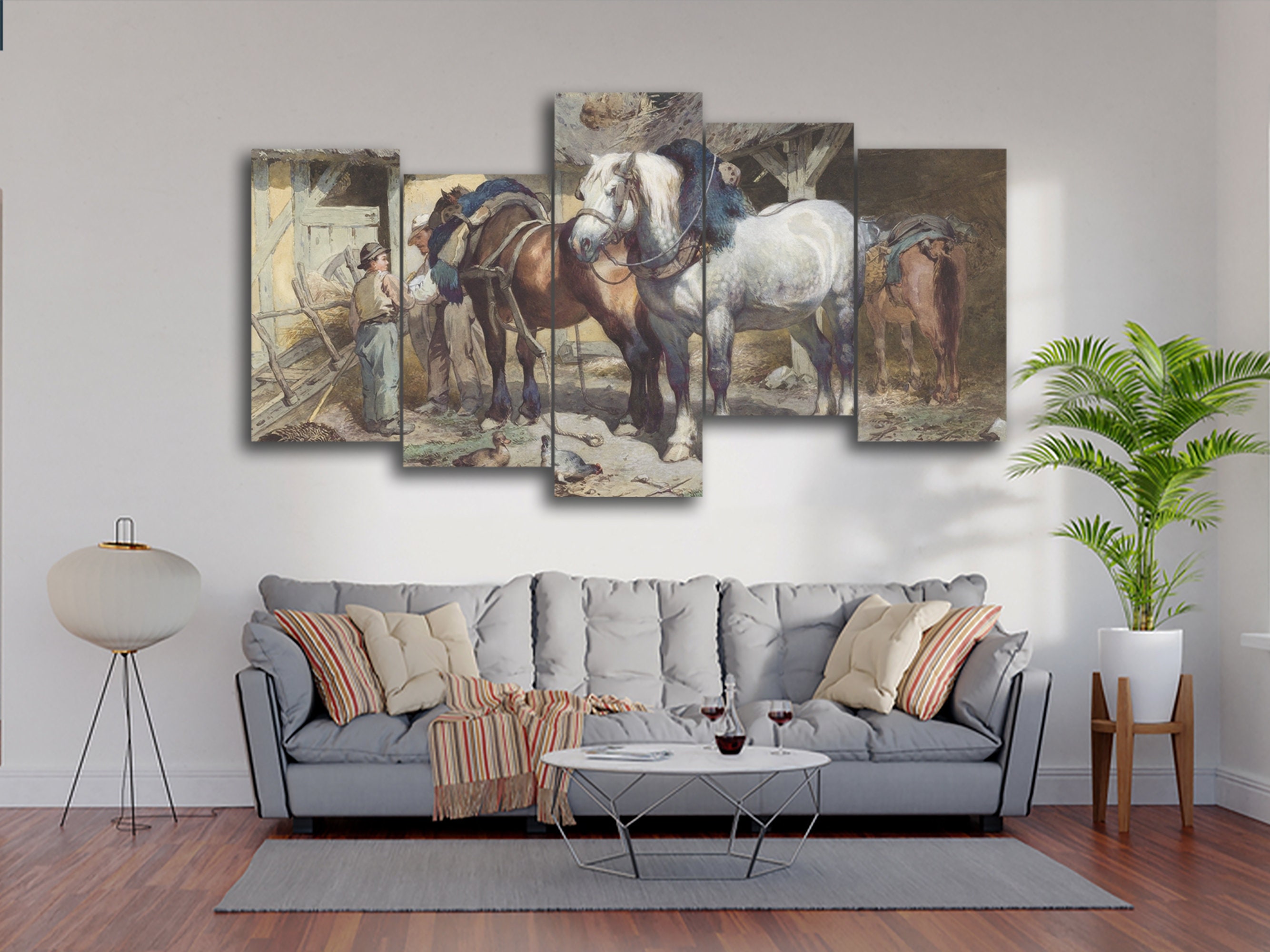 Horses at a Stable, by Wouter Verschuur 5 Pieces Canvas Wall Art, Large Framed 5 Panel Canvas Wall Art, Extra Large Framed Canvas Wall Art