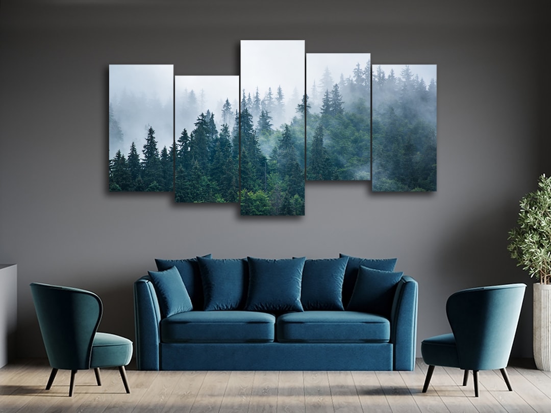 Misty Foggy Mountain Landscape 5 Piece Canvas Wall Art, Large Framed 5 ...