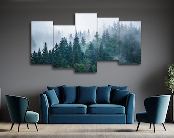 Misty Foggy Mountain Landscape 5 Piece Canvas Wall Art, Large Framed 5 Panel Canvas Wall Art, Extra Large Framed Canvas Wall Art, Modern Art