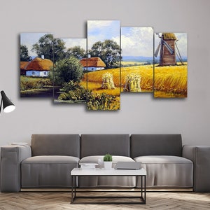 Wheat Field, Village Landscape 5 Pieces Canvas Wall Art, Large Framed 5 Panel Canvas Wall Art, Extra Large Framed 5 Pieces Canvas Wall Art
