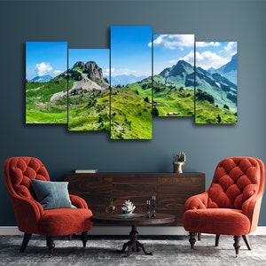 Mountain Path on Green Hills 5 Pieces Canvas Wall Art, Large Framed 5 Panel Canvas Wall Art, Extra Large Framed Canvas Wall Art, Modern Art