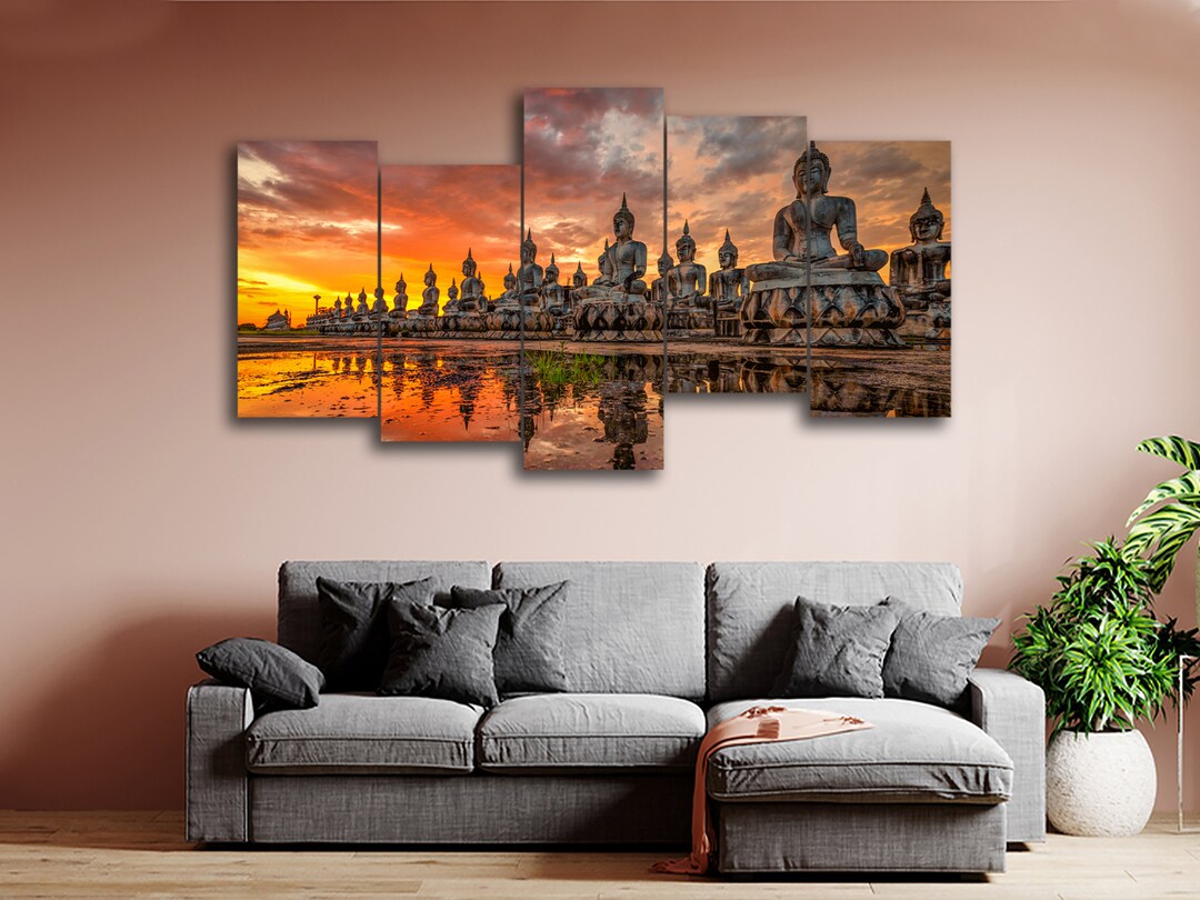 Statue Buddha at Sunset 5 Pieces Canvas Wall Art, Large Framed 5 Panel ...