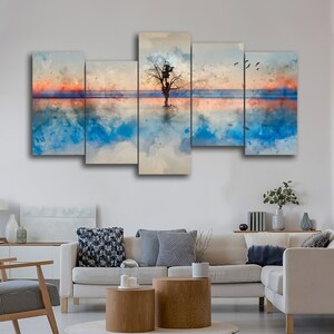 Tree and Birds in Still Waters 5 Piece Canvas Wall Art, Large Framed 5 Panel Canvas Wall Art, Extra Large Framed Canvas Wall Art, Modern Art