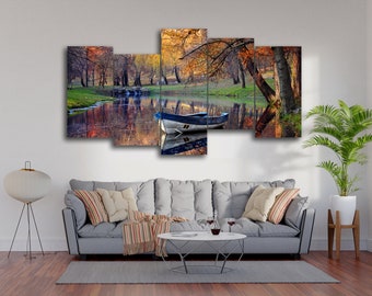 Autumn Landscape, Boat on the Lake 5 Piece Canvas Wall Art, Large Framed 5 Panel Canvas Wall Art, Extra Large Framed Canvas Wall Art Modern