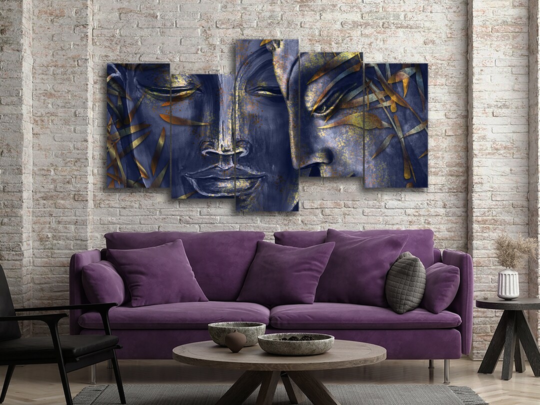 Lord Buddha and Golden Bamboo Leaf 5 Pieces Canvas Wall Art, Large ...