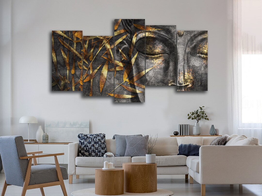 Buddha and Gold Bamboo 5 Piece Canvas Wall Art, Large Framed 5 Panel ...
