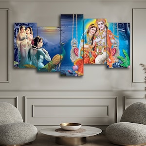 Hindu Lord Radha Krishna 5 Pieces Canvas Wall Art, Large Framed 5 Panel Canvas Wall Art, Extra Large Framed 5 Panel Canvas Wall Art Modern