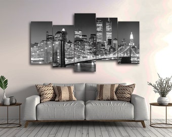 New York Brooklyn Bridge 5 Pieces Canvas Wall Art, Large Framed 5 Panel Canvas Wall Art, Extra Large Framed 5 Piece Canvas Wall Art Modern