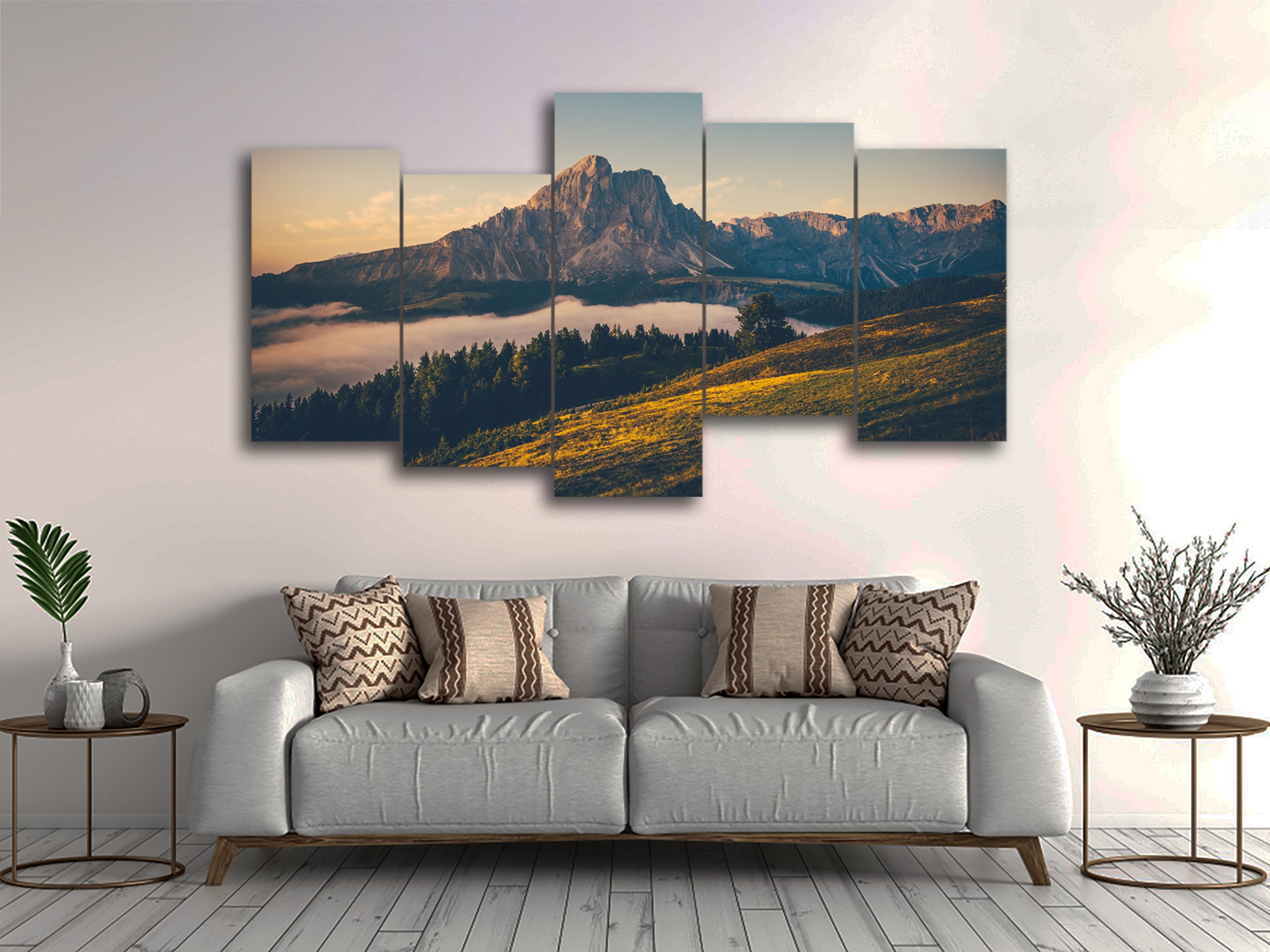 Peitlerkofel from Maurerberg at Sunrise 5 Pieces Canvas Wall Art, Large Framed 5 Panel Canvas Wall Art, Extra Large Framed Canvas Wall Art