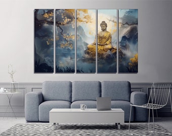 Golden Buddha Buddhism 5 Pieces Canvas Wall Art, Large Framed Canvas ...