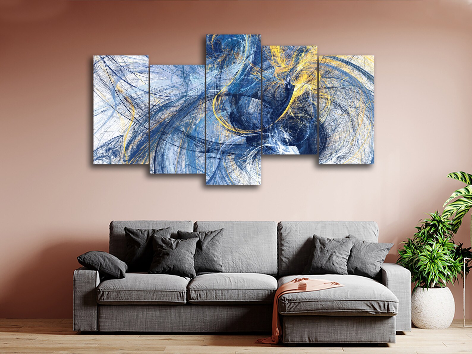 Blue and Yellow Color Artistic 5 Piece Canvas Wall Art, Large Framed 5 ...