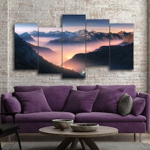 Mountains Fog at Night Autumn 5 Pieces Canvas Wall Art, Large Framed 5 Panel Canvas Wall Art, Extra Large Framed 5 Pieces Canvas Wall Art