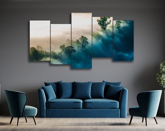 Misty Forested Mountain Slope 5 Pieces Canvas Wall Art, Large Framed 5 Panel Canvas Wall Art, Extra Large Framed Canvas Wall Art, Modern Art