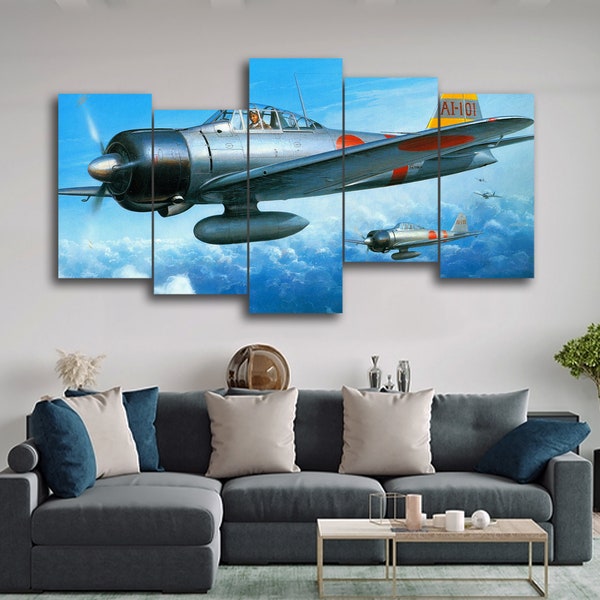 A6M Zero WWII Airplane 5 Pieces Canvas Wall Art, Large Framed 5 Panel Canvas Wall Art, Extra Large Framed Canvas Wall Art, Modern Abstract