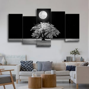 White Tree in Black 5 Pieces Canvas Wall Art, Large Framed 5 Panel Canvas Wall Art, Extra Large Framed 5 Pieces Canvas Wall Art, Modern Art
