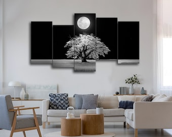 White Tree in Black 5 Pieces Canvas Wall Art, Large Framed 5 Panel Canvas Wall Art, Extra Large Framed 5 Pieces Canvas Wall Art, Modern Art