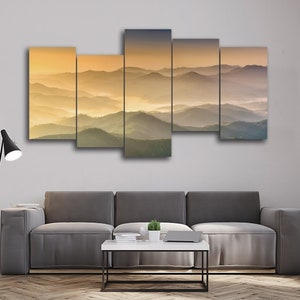Foggy Mountains in Golden Light Sun 5 Piece Canvas Wall Art, Large Framed 5 Panel Canvas Wall Art, Extra Large Framed Canvas Wall Art Modern