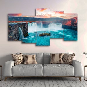 Godafoss Waterfall 5 Pieces Canvas Wall Art, Large Framed 5 Panel Canvas Wall Art, Extra Large Framed Canvas Wall Art, Modern Abstract Art