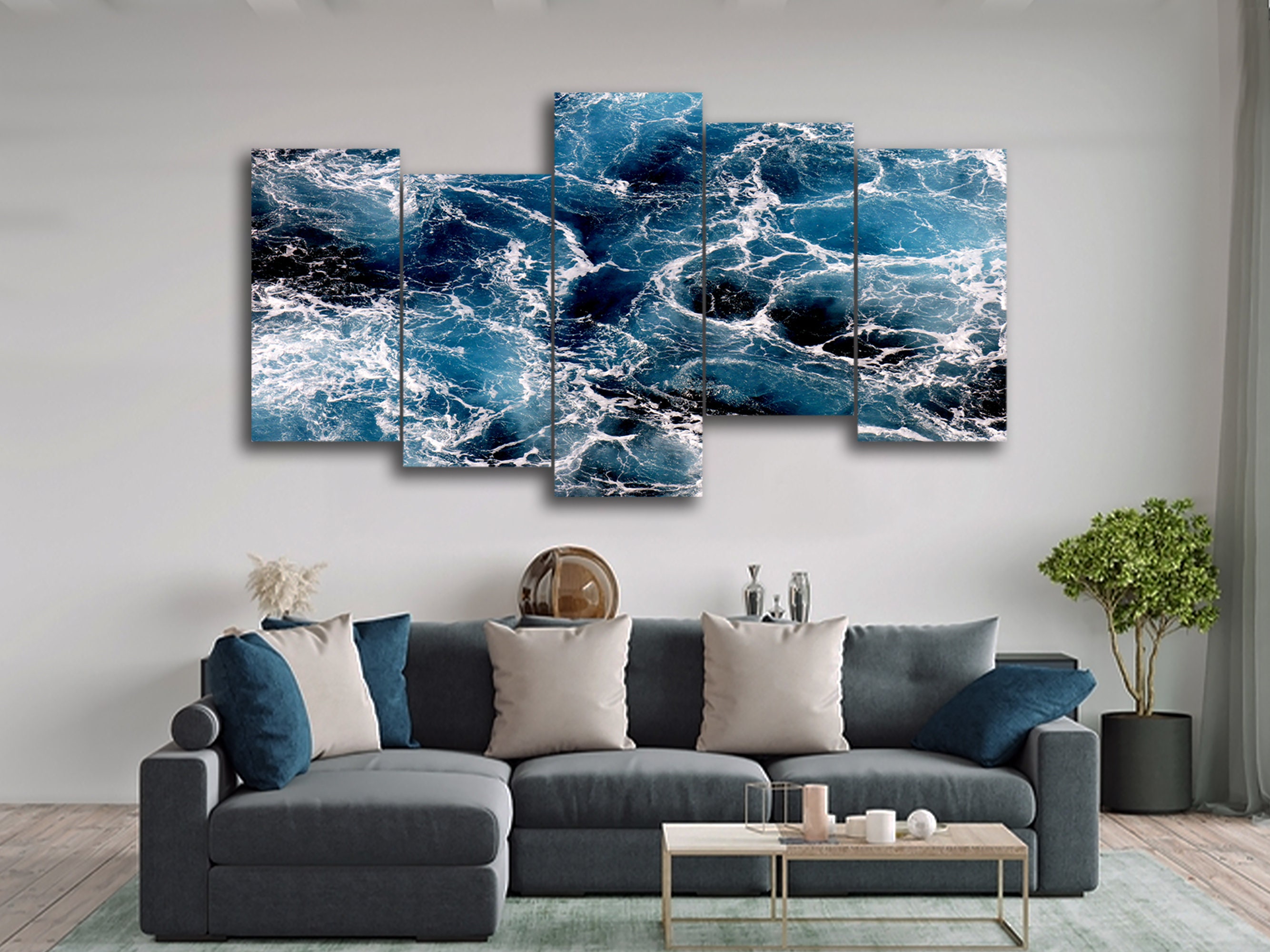 Dark Blue Water and Sea Foam 5 Piece Canvas Wall Art, Large Framed