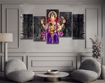 Ganesh Hindu Lord 5 Pieces Canvas Wall Art, Large Framed Canvas