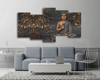 Golden Buddha Buddhism 5 Pieces Canvas Wall Art, Large Framed Canvas ...