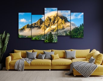 Mountain Peak Green Nature 5 Piece Canvas Wall Art, Large Framed 5 Panel Canvas Wall Art, Extra Large Framed 5 Piece Canvas Wall Art Modern