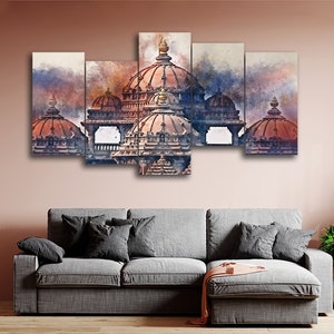 Facade of Akshardham, Swaminarayan Temple 5 Pieces Canvas Wall Art, Large Framed 5 Panel Canvas Wall Art, Extra Large Framed Canvas Wall Art
