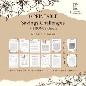 Puede incluir: Hojas de desafíos de ahorro imprimibles con un tema estético. Las hojas presentan diferentes temas, como "Café", "Barriga", "Vacaciones", "Verano", "Halloween", "Escuela", "Yo", "Navidad", "Farmacia", "Ofertas", "Todo", y "Pareja". Las hojas están diseñadas para papel A4 e incluyen 12 hojas de desafíos.