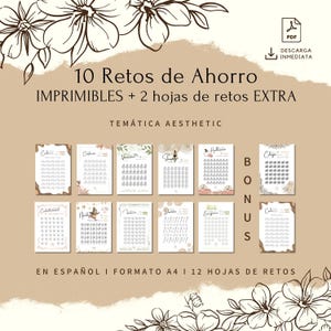Puede incluir: Retos de ahorro imprimibles con temática estética en español. La imagen presenta 10 retos diferentes, más 2 hojas extra, con ilustraciones florales y el texto "10 Retos de Ahorro". El formato es A4, con 12 hojas de retos.