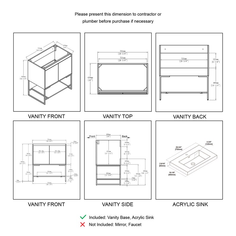 30" Freestanding Bathroom Vanity Set With Open Shelf & Acrylic Sink, Bathroom Vanity With Single ...