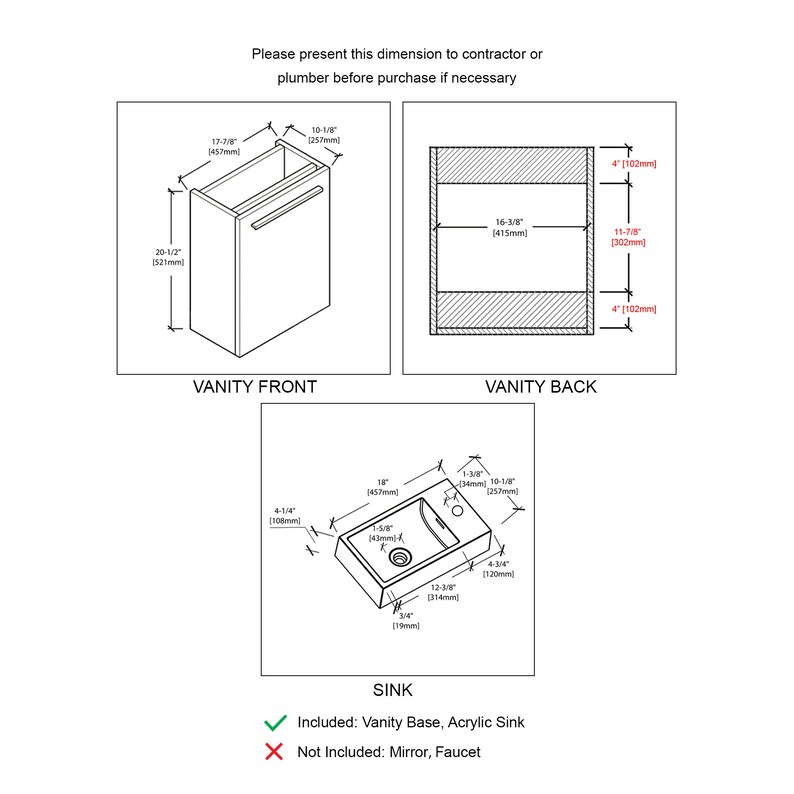 Puede incluir: Dibujo de l&iacute;nea de un mueble de tocador con dimensiones en pulgadas y mil&iacute;metros. El dibujo muestra las vistas frontal, posterior y del lavabo. El texto "Incluido: Base de tocador, lavabo de acr&iacute;lico" y "No incluido: Espejo, grifo" tambi&eacute;n est&aacute; incluido.