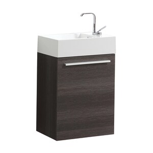 Puede incluir: Un tocador de ba&ntilde;o gris oscuro con un lavabo de cer&aacute;mica blanco y un grifo cromado. El tocador tiene un solo caj&oacute;n con una manija plateada.