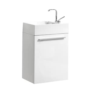 May include: White bathroom vanity with a single sink and a chrome faucet. The vanity has a white cabinet with a single drawer and a chrome handle.