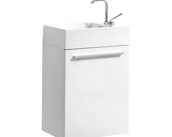 Bathroom Vanity with Single Sink, Small Size 18 Inch Bath Vanity, Wall Hung Bath Vanity, Glossy White, Cart Oak, Dark Oak, Navy Blue Vanity