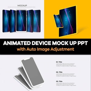 Pode incluir: Uma maquete de um smartphone e um tablet com um design abstrato azul e roxo. A maquete é para uma apresentação e inclui o texto "Animated Device Mock Up PPT with Auto Image Adjustment".
