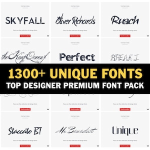 Más de 1300 fuentes únicas Paquete premium / Adecuado para diseño de tarjetas Redes sociales Película Póster de evento de boda Vídeo de YouTube
