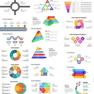 Peut inclure: Un ensemble de mod&egrave;les d'infographies pour les pr&eacute;sentations et les rapports. Les mod&egrave;les comprennent des diagrammes pyramidaux, des feuilles de route, des diagrammes radiaux, des puzzles et des diagrammes de processus. Les diagrammes sont color&eacute;s et utilisent des ic&ocirc;nes pour repr&eacute;senter diff&eacute;rentes &eacute;tapes ou phases.