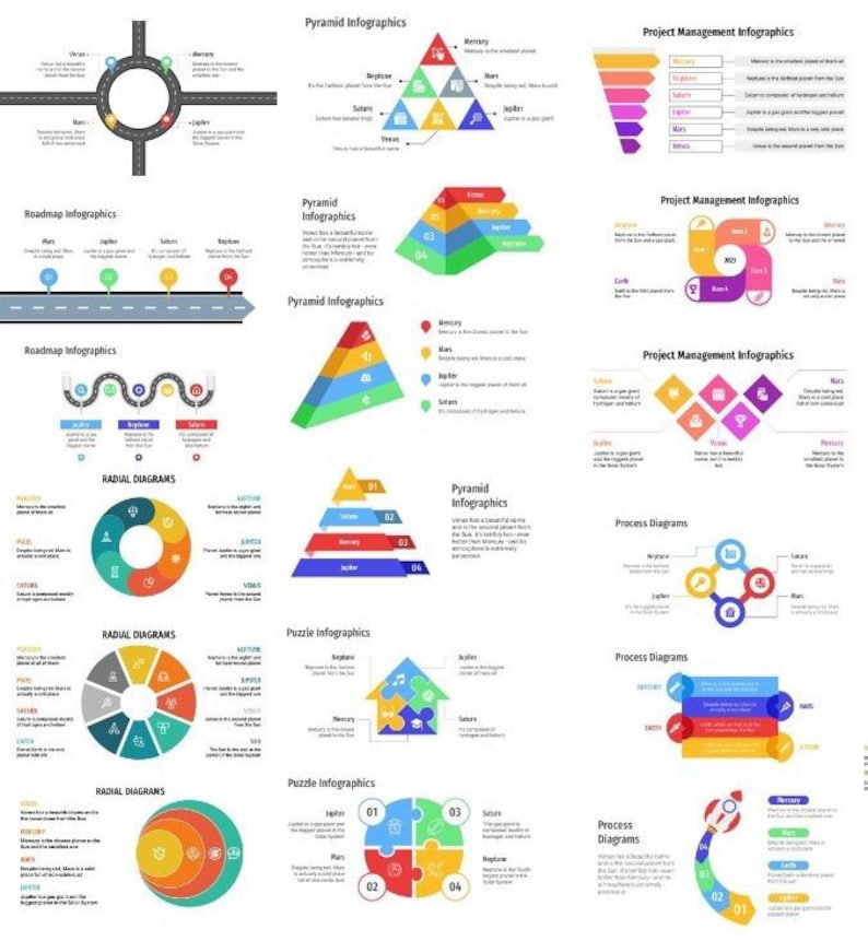 Peut inclure: Un ensemble de mod&egrave;les d'infographies pour les pr&eacute;sentations et les rapports. Les mod&egrave;les comprennent des diagrammes pyramidaux, des feuilles de route, des diagrammes radiaux, des puzzles et des diagrammes de processus. Les diagrammes sont color&eacute;s et utilisent des ic&ocirc;nes pour repr&eacute;senter diff&eacute;rentes &eacute;tapes ou phases.