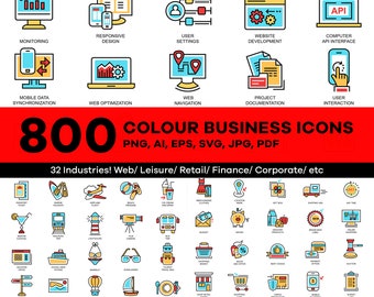 Puede incluir: Una colección de 800 iconos de negocios coloridos en varias categorías, incluyendo web, ocio, comercio minorista, finanzas y corporativo. Los iconos están delineados en negro y rellenos con colores brillantes. Los iconos están organizados en un formato de cuadrícula y etiquetados con sus respectivas categorías.