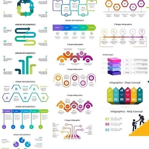 Peut inclure: Une collection de mod&egrave;les d'infographies color&eacute;s pour les pr&eacute;sentations et les rapports. Les mod&egrave;les pr&eacute;sentent des fl&egrave;ches, des cercles, des hexagones et des blocs dans diverses couleurs et designs. Le texte comprend "Arrow Infographics", "ADKAR Infographics", "5 Stages Infographics", "1D Block Layers", "Infographics - Steps Concept", et "Infographics - Help Concept".