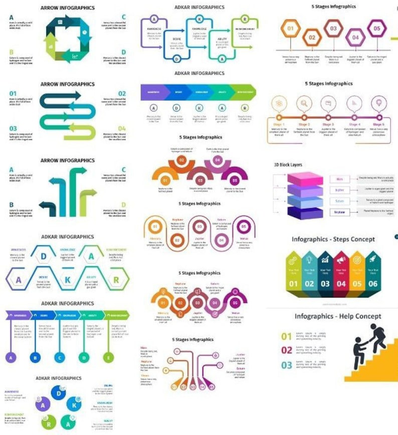 Peut inclure: Une collection de mod&egrave;les d'infographies color&eacute;s pour les pr&eacute;sentations et les rapports. Les mod&egrave;les pr&eacute;sentent des fl&egrave;ches, des cercles, des hexagones et des blocs dans diverses couleurs et designs. Le texte comprend "Arrow Infographics", "ADKAR Infographics", "5 Stages Infographics", "1D Block Layers", "Infographics - Steps Concept", et "Infographics - Help Concept".