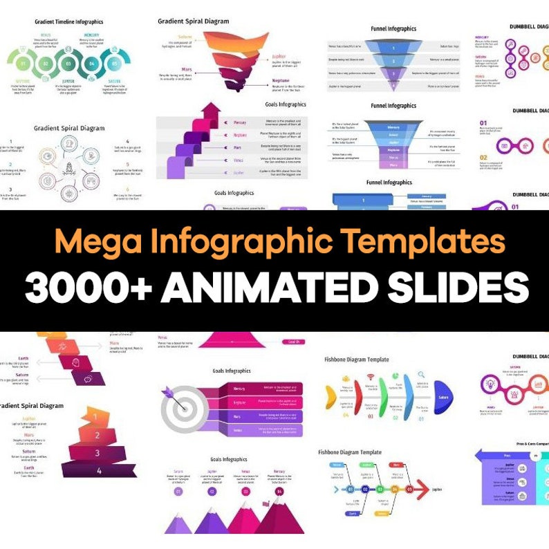 Peut inclure: Une collection de mod&egrave;les d'infographies avec des diapositives anim&eacute;es. Les mod&egrave;les pr&eacute;sentent diff&eacute;rents styles de graphiques, notamment des chronologies en d&eacute;grad&eacute;, des diagrammes en spirale, des entonnoirs et des diagrammes en ar&ecirc;te de poisson. Le texte "Mega Infographic Templates 3000+ ANIMATED SLIDES" est affich&eacute; en grandes lettres grasses.