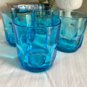 Vintage aqua blue glass tumblers - set of four - highball glasses - juice - retro home and kitchen decor - glassware