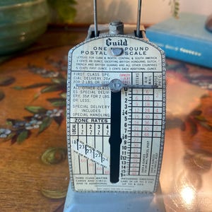 Vintage Guild One Pound Postal Scale - Antique mail room letter scale with international shipping rates