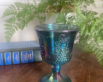 Vintage Indiana Blue Carnival Glass Goblet – Harvest Grape Design